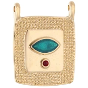 Pendentif intercalaire rectangle ethnique 24x18 mm - Doré à l'or fin - Emeraude