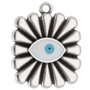 Pendentif carré 24x20 mm - motif oeil - Placage Argent fin vieilli - Blanc - Bleu