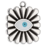 Pendentif carré 24x20 mm - motif oeil - Placage Argent fin vieilli - Blanc - Bleu