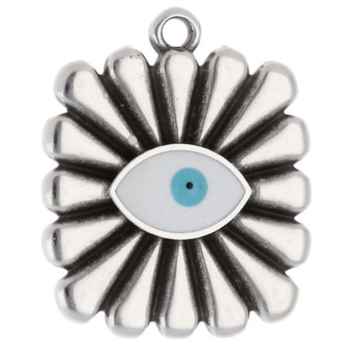 Pendentif carré 24x20 mm - motif oeil - Placage Argent fin vieilli - Blanc - Bleu
