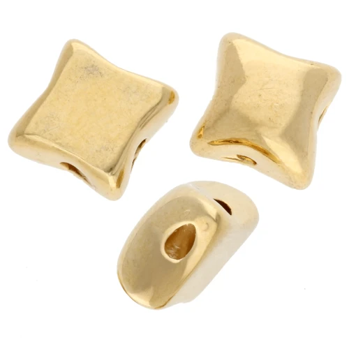 Perle losange bombé 8x7 mm - double trou - Doré à l'or fin x1