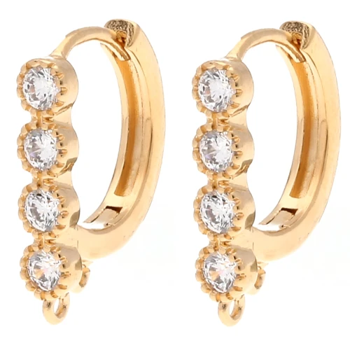Dormeuses barre 16x12.5 mm avec CZ et 4 anneaux ouverts - Doré à l'or fin x2