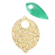 Breloque citron et feuille 15x11 mm en acétate - Pailleté Doré - Vert x1