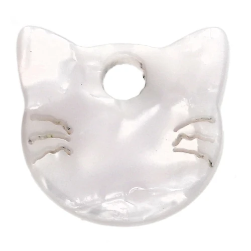 Breloque tête de chat 14.5x15.5 mm en acétate - Blanc nacré x1
