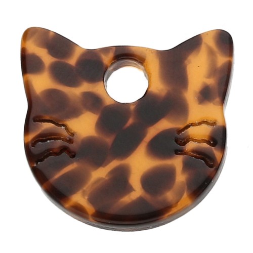 Breloque tête de chat 14.5x15.5 mm en acétate - Terrazzo Marron - Noir x1