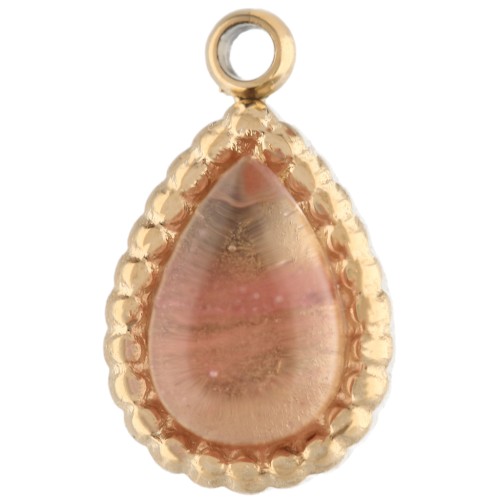 Breloque goutte 10x6 mm pierre gemme Acier inox 304 Doré Strawberry Quartz teinté