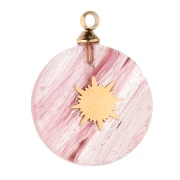 Breloque ronde 15mm décor soleil - Acier inox 304 Doré - Strawberry Quartz teinté