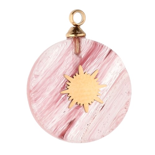Breloque ronde 15mm décor soleil - Acier inox 304 Doré - Strawberry Quartz teinté