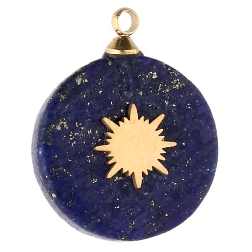 Breloque ronde 15 mm décor soleil - Acier inox 304 Doré - Lapis lazuli x1