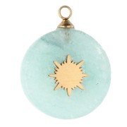 Breloque ronde 15 mm décor soleil - Acier inox 304 Doré - Amazonite teintée x1