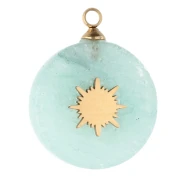 Breloque ronde 15 mm décor soleil - Acier inox 304 Doré - Amazonite teintée x1