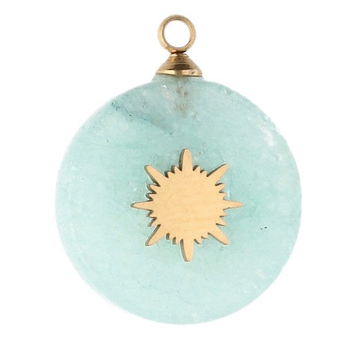 Breloque ronde 15 mm décor soleil - Acier inox 304 Doré - Amazonite teintée x1