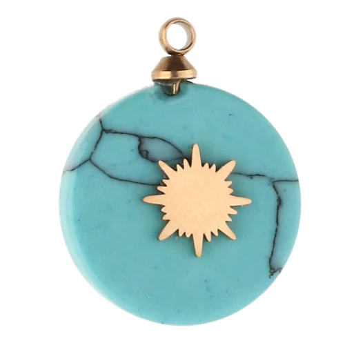 Breloque ronde 15 mm décor soleil - Acier inox 304 Doré - Imitation Turquoise x1