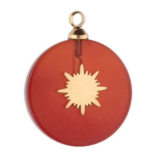 Breloque ronde 15 mm décor soleil - Acier inox 304 Doré - Cornaline teintée x1