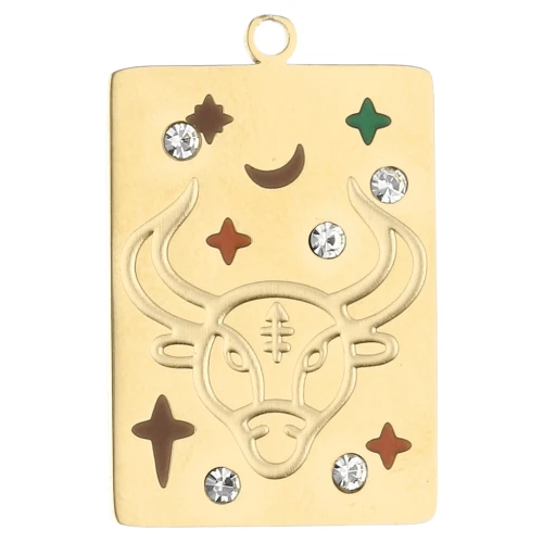 Pendentif rectangle 27.5x18 mm - signe du zodiaque Taureau - Acier inox 304 Doré
