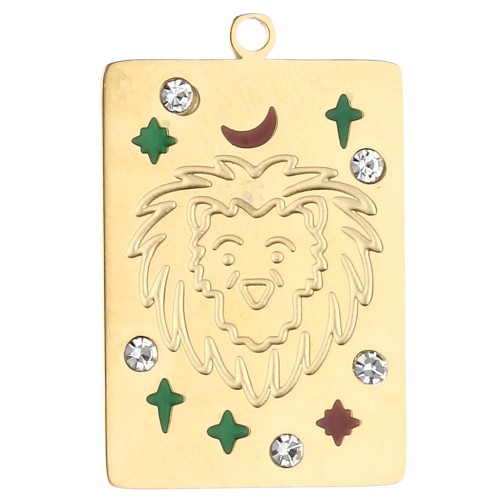 Pendentif rectangle 27.5x18 mm - signe du zodiaque Lion - Acier inox 304 Doré x1