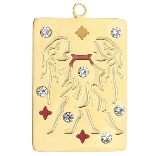 Pendentif rectangle 27.5x18 mm - signe du zodiaque Gémeaux - Acier inox 304 Doré