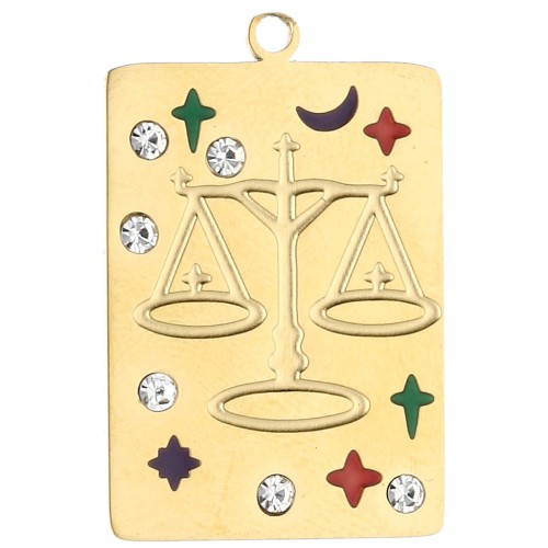 Pendentif rectangle 27.5x18 mm - signe du zodiaque Balance - Acier inox 304 Doré