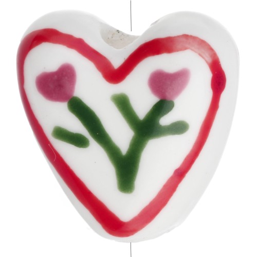 Perle coeur 14 mm en céramique - motif fleur - Blanc - Rouge x1