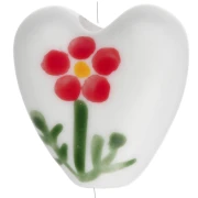 Perle coeur 15 mm en céramique - motif fleur - Blanc - Rouge x1