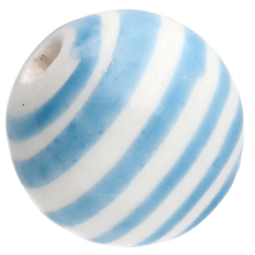 Perles rondes rayées en céramique 12 mm - Blanc - Bleu ciel x4