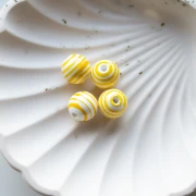 Perles rondes rayées en céramique 12 mm - Blanc - Jaune x4