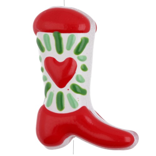 Perle Santiag - botte de cowboy 24x17 mm en verre - Motif coeur - Rouge - Vert