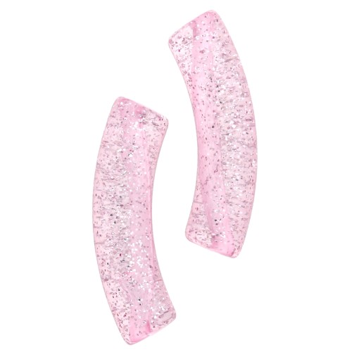 Perles tube incurvé 32x8 mm en acrylique transparente - Rose Pailleté Argenté x6
