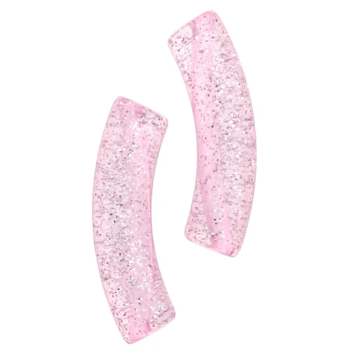 Perles tube incurvé 32x8 mm en acrylique transparente - Rose Pailleté Argenté x6