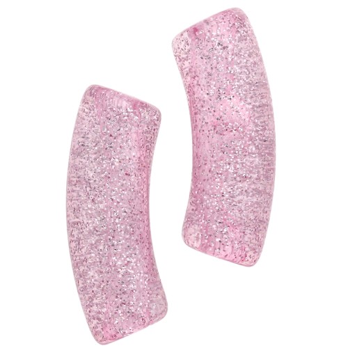 Perles tube incurvé 35x11 mm en acrylique transparente - Rose Pailleté Argenté x6