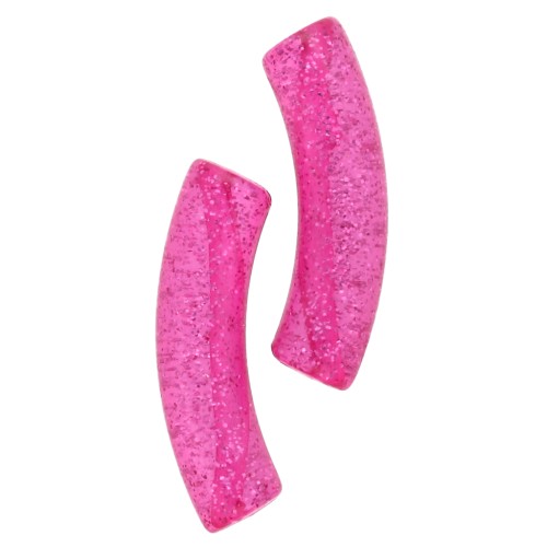 Perles tube incurvé 32x8 mm acrylique transparente - Fuchsia Pailleté Argenté x6