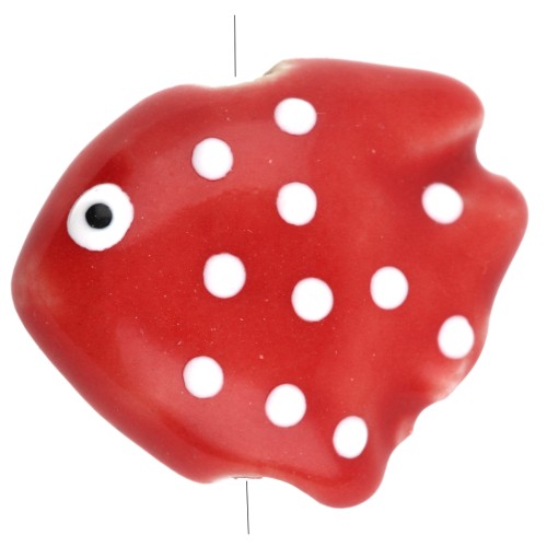 Perle poisson à pois 20x16 mm en céramique - Rouge - Blanc x1