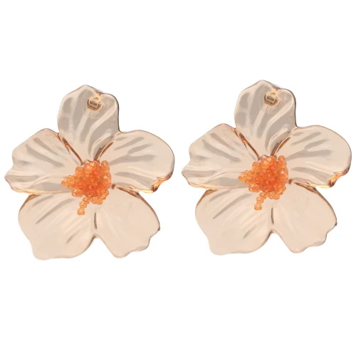 Boucles d'oreilles fleurs 66x62 mm en acrylique et perles - Marron - Orange x2