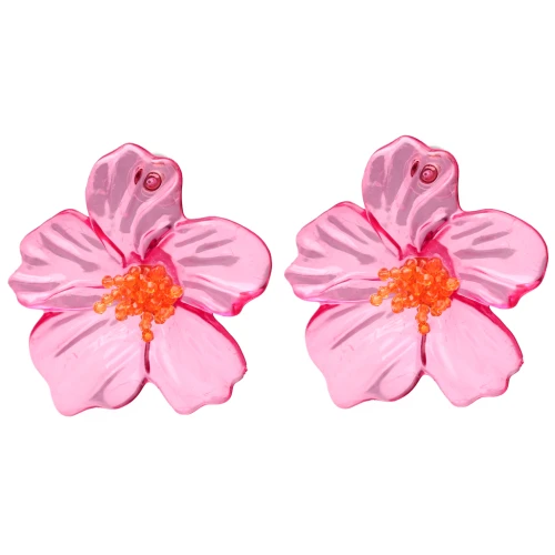 Boucles d'oreilles fleurs 66x62 mm en acrylique et perles - Rose - Orange x2