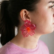 Boucles d'oreilles fleurs 66x62 mm en acrylique et perles - Rose - Orange x2