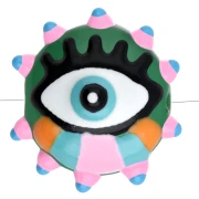 Perle ronde aplatie 17 mm en verre - motif oeil - Rose - Bleu clair - Vert x1