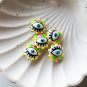 Perle ronde aplatie 17 mm en verre - motif oeil - Jaune - Vert - Rose bonbon x1