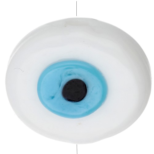 Perle ovale irrégulière 21x17 mm en verre - motif oeil - Blanc - Bleu ciel x1