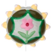 Perle ronde aplatie 20 mm en verre - motif fleur - Vert - Jaune - Rose x1