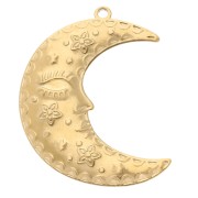 Pendentif demi-lune 30x23 mm - motif fleurs et étoiles - Acier inoxydable 304 Doré