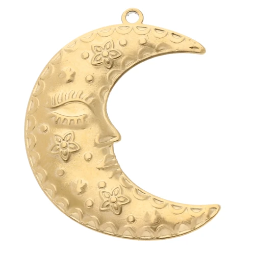 Pendentif demi-lune 30x23 mm - motif fleurs et étoiles - Acier inoxydable 304 Doré