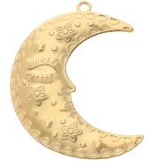 Pendentif demi-lune 51x39 mm - motif fleurs et étoiles - Acier inoxydable 304 Doré