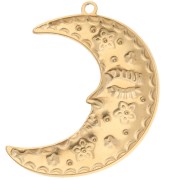 Pendentif demi-lune 51x39 mm - motif fleurs et étoiles - Acier inoxydable 304 Doré