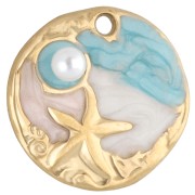 Breloque ronde irrégulière 18 mm - motif marin - Acier inox 304 Doré - Pastel