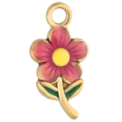 Breloque fleur 20x10 mm avec résine époxy - Acier inox 304 Doré - Rose x1