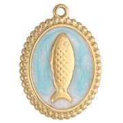 Pendentif ovale 23x17.5 mm - motif poisson - Acier inox 304 Doré - Bleu ciel x1