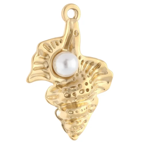 Pendentif coquillage 30x21 mm et imitation perle d'eau douce - Acier inox 304 Doré