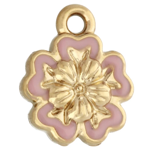 Breloque fleur 10 mm avec résine époxy - Acier inoxydable 304 Doré - Rose pâle x1