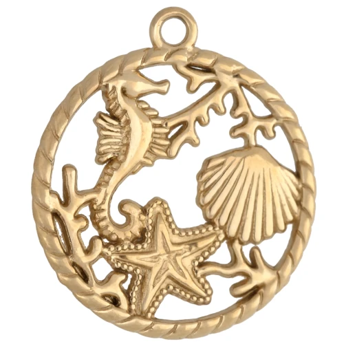 Pendentif rond 20 mm effet tressé - motif marin - Acier inoxydable 304 Doré x1