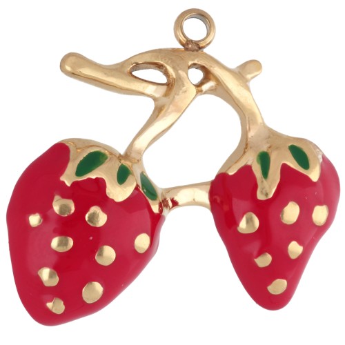 Pendentif fraises 21x23 mm avec résine époxy - Acier inoxydable 304 Doré - Rouge
